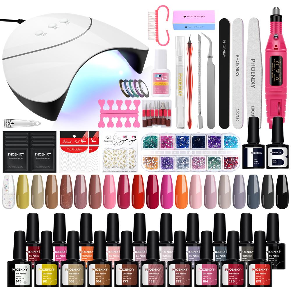 PHOENIXY, 20 цветов, набор гель-лаков для ногтей с лампой для ногтей 36 Вт и инструментами для ногтей, полный маникюрный набор для дизайна ногтей