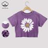 Красивые футболки из стираного хлопка с принтом подсолнуха, трендовые летние укороченные футболки с кружевной отделкой, с круглым вырезом, стандартной посадки, с короткими рукавами, повседневная одежда