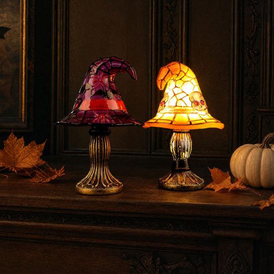 Halloween Witch Hat Table Lamp, USB Stained Glass Witch Hat Lamp, Vintage Gothic Wizard Hat Decorative Night Light for Home, Bedroom
