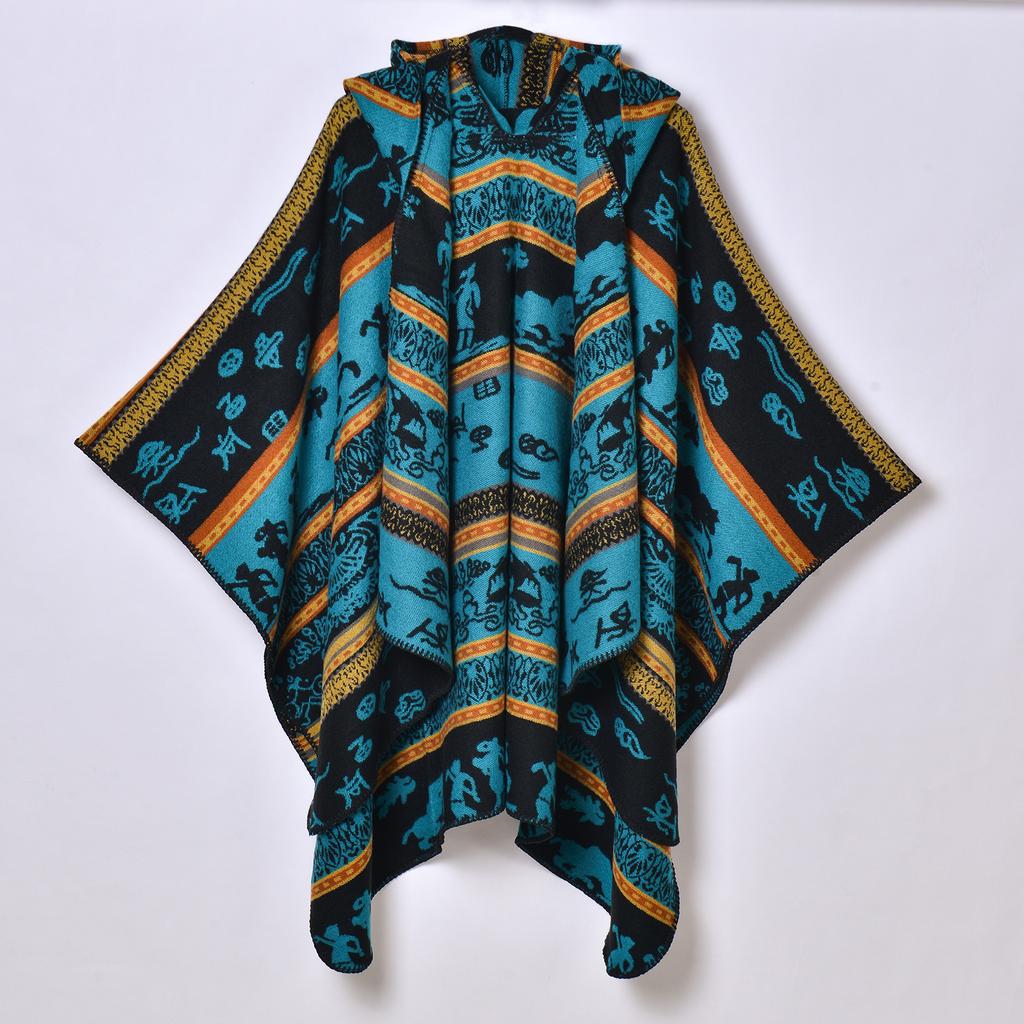 Новый продукт, женская осенне-зимняя теплая накидка с капюшоном в этническом стиле, праздничная накидка, утолщенная жаккардовая шаль