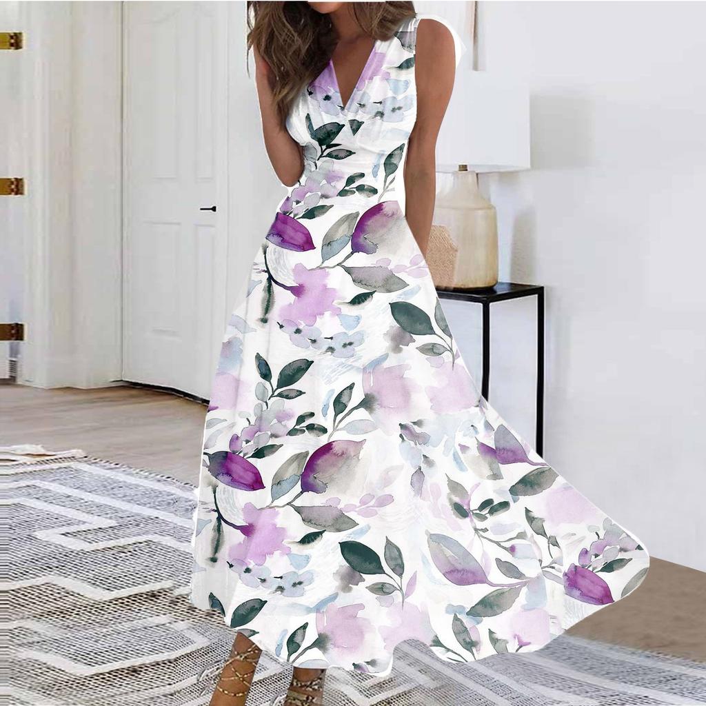 Женское длинное платье Платье макси Повседневное платье Летнее повседневное платье без рукавов с v-образным вырезом в стиле бохо с талией и принтом