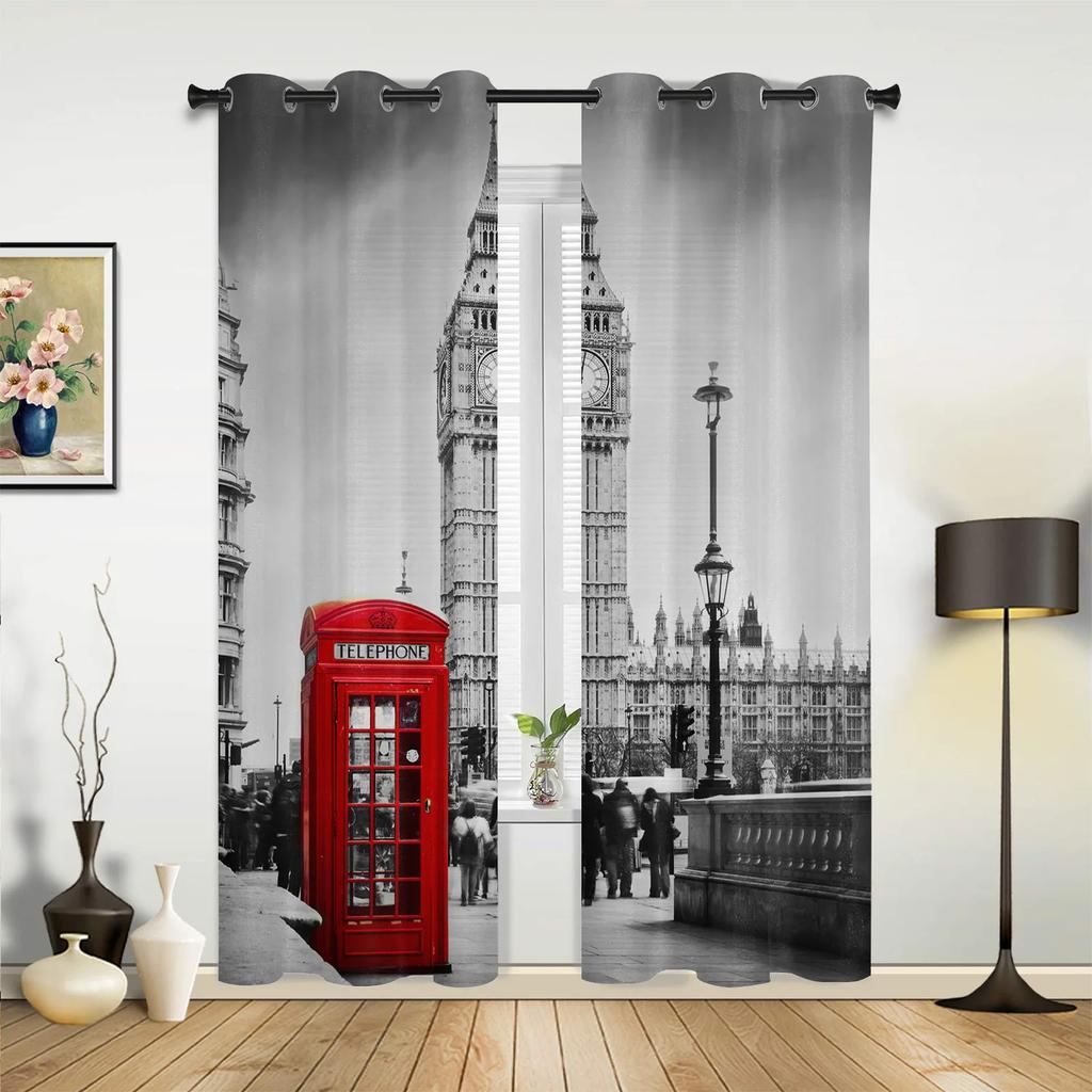 London Telephone Booth Curtains for Bedroom Living Room Drapes Kitchen Children's Room Window Curtain Modern Home Decor