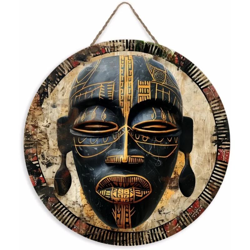 Wood Unique African Mask Circular Wooden Sign with Artistic Design, Suitable for Door, Wall, Home, Room, Farmhouse, Street, Shop, Garage, Bar, Garden