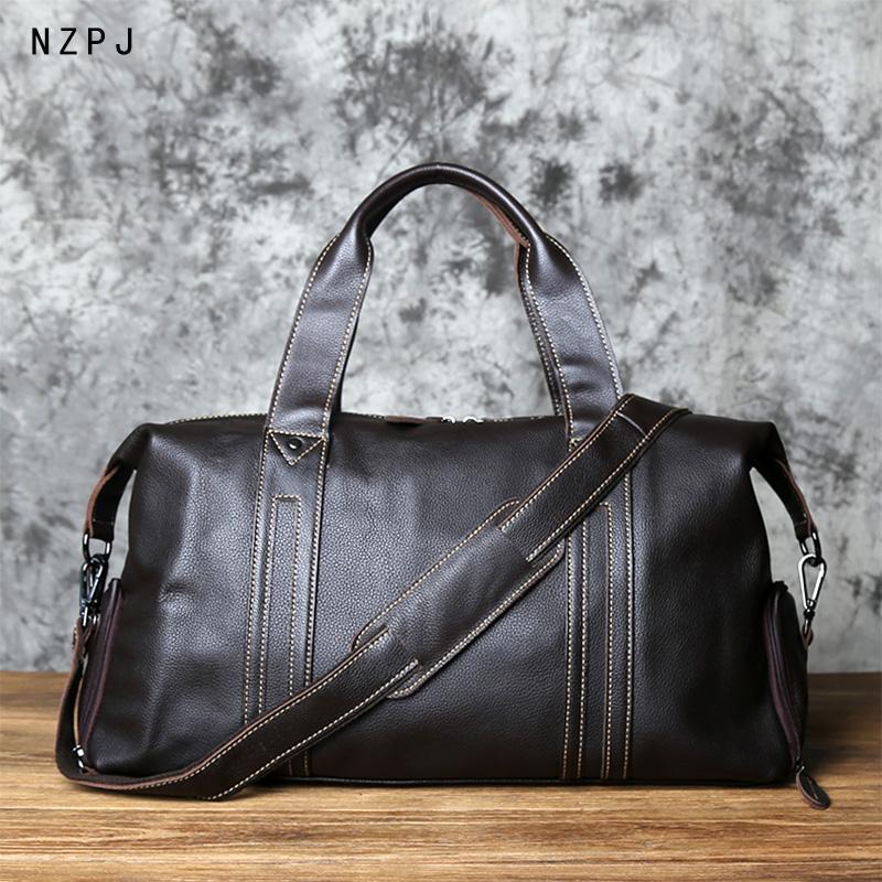 NZPJ Vintage Leather Men Travel Bag Natural Cowhide Handbag Casual Shoulder Messenger Computer Bag Large Capacity Luggage Bag