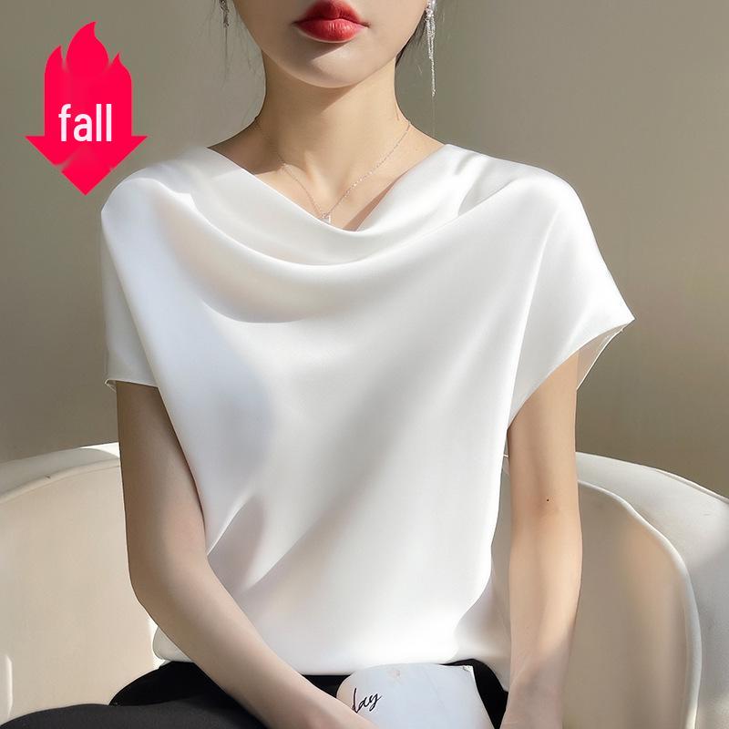 Женская футболка из шелкового атласа с французским воротником и короткими рукавами, весна/лето 2024, больших размеров