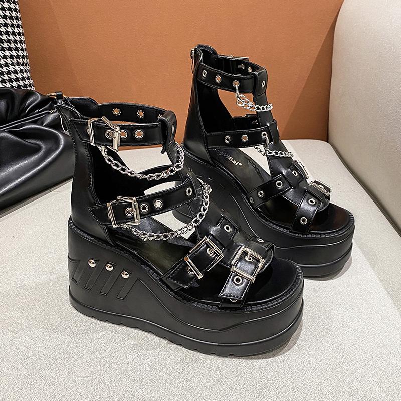 Comemore 10 см танкетка каблук увеличенный открытый носок туфли каблук готический пряжка платформа сандалии женские крутые сапоги