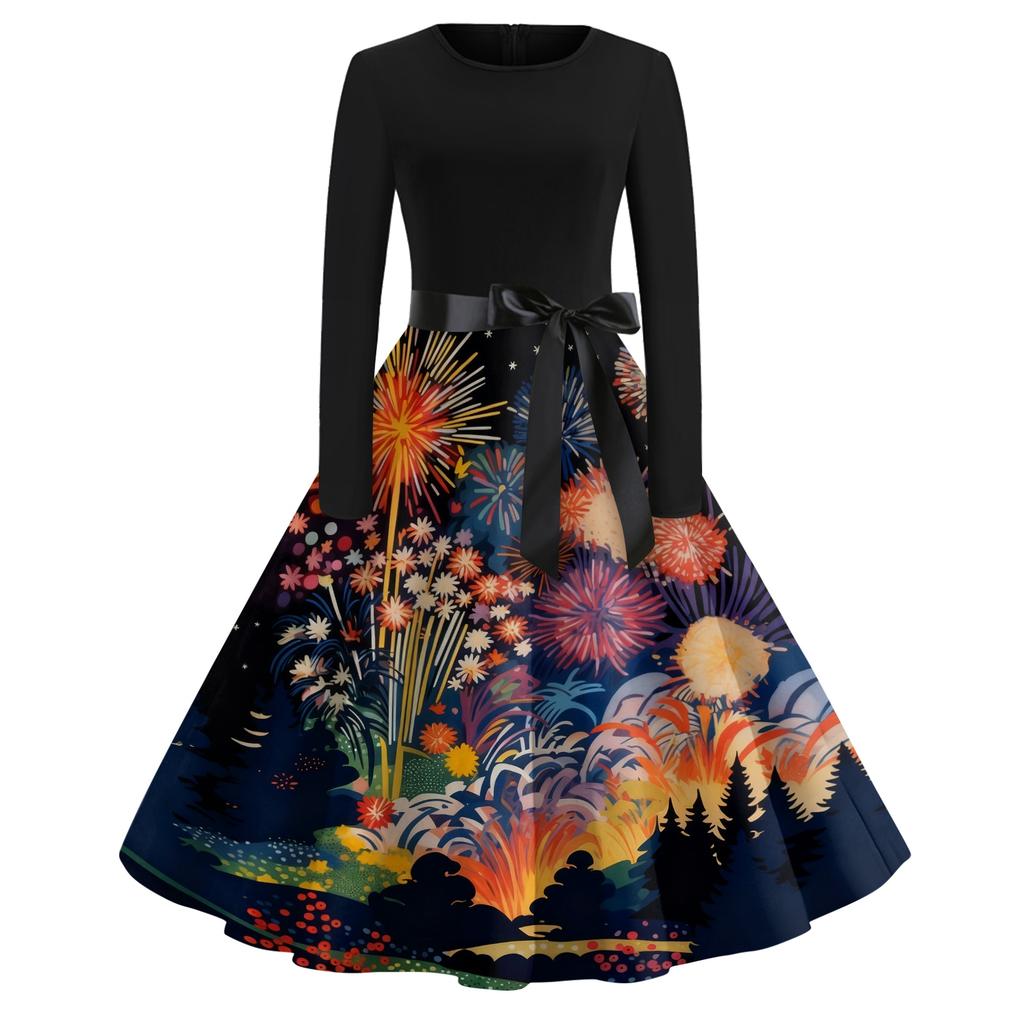Женское повседневное модное платье с круглым вырезом и длинным рукавом с новогодним принтом в ретро-стиле