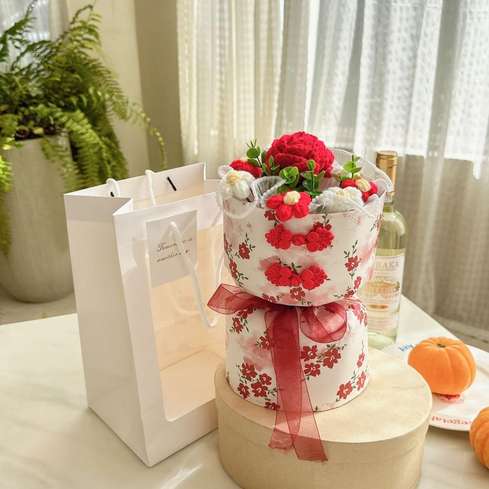Romantic Carnation Bouquet Gift Finished Fake Flower Knitted Rose Bouquet Valentine's Day Gift