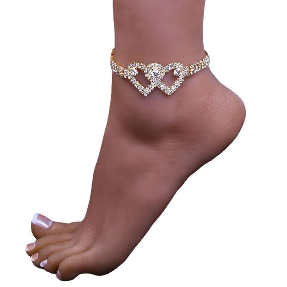 Personalized Trendy Double Heart Anklet, Full Diamond Shining Beach Anklet Popular