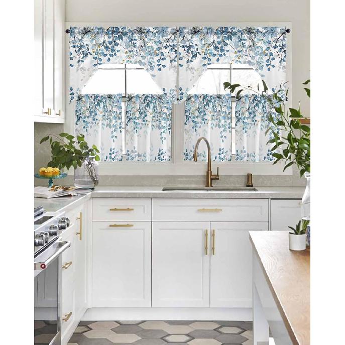 Kitchen Curtains Sets 24 Inch Length with Valance, Abstract Art Blue Leaves Branches Swag Valances for Windows and Tiers Curtain Set, Light Filtering