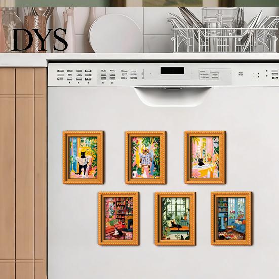 Framed Art Magnets for Housewarming Gifts Cute Cat Magnetic Fridge Magnet, Vintage Wooden Picture Frame, Fun Gift Lovers Renters Scene Decor