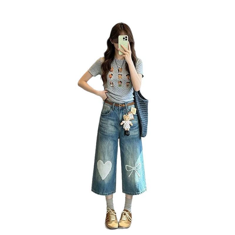 Vintage Bow Print Denim Capri Pants Women High Waist Loose Straight Wide Leg Jeans