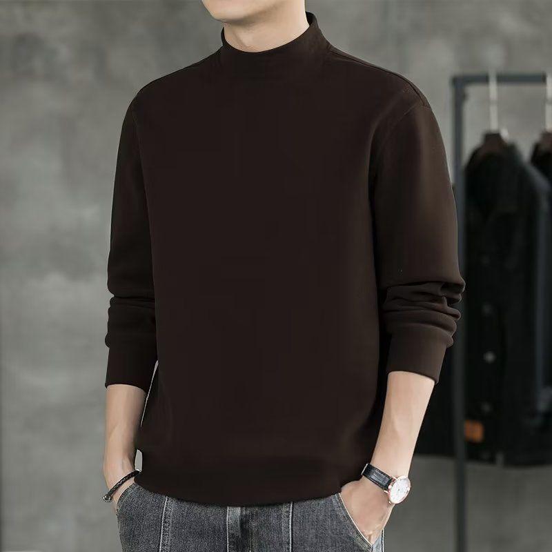 Autumn Winter Fleece Hoodie for Men Loose T-shirt with Long Sleeves and Half-high Collar, Warm Basic Shirt for Men