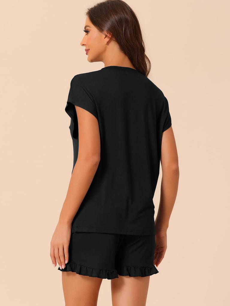 Cheibear Soft Pajama Short Drawstring Top and Cute Size XL Women's Set, Sleeves, Waist, Shorts, Loungewear, Black,