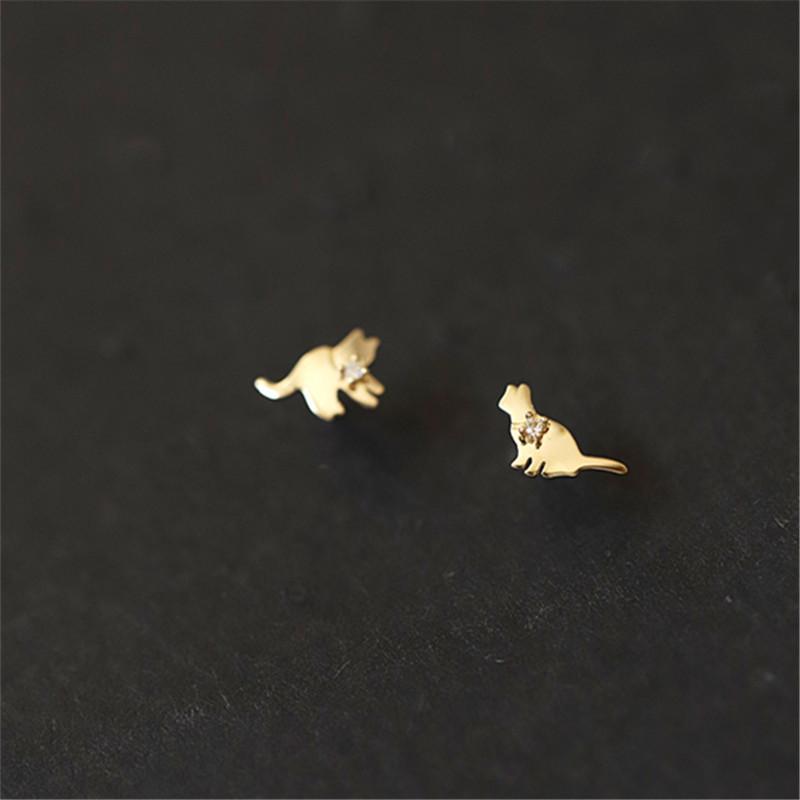 Серьги-гвоздики из стерлингового серебра 925 пробы, Корея, асимметричные, милый котенок, маленькие, для женщин, покрытие 14K золотом, ювелирные изделия для ушей