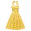 Retro polka-dot lace-up halter-neck flared ball gown performance dress, bohemian style