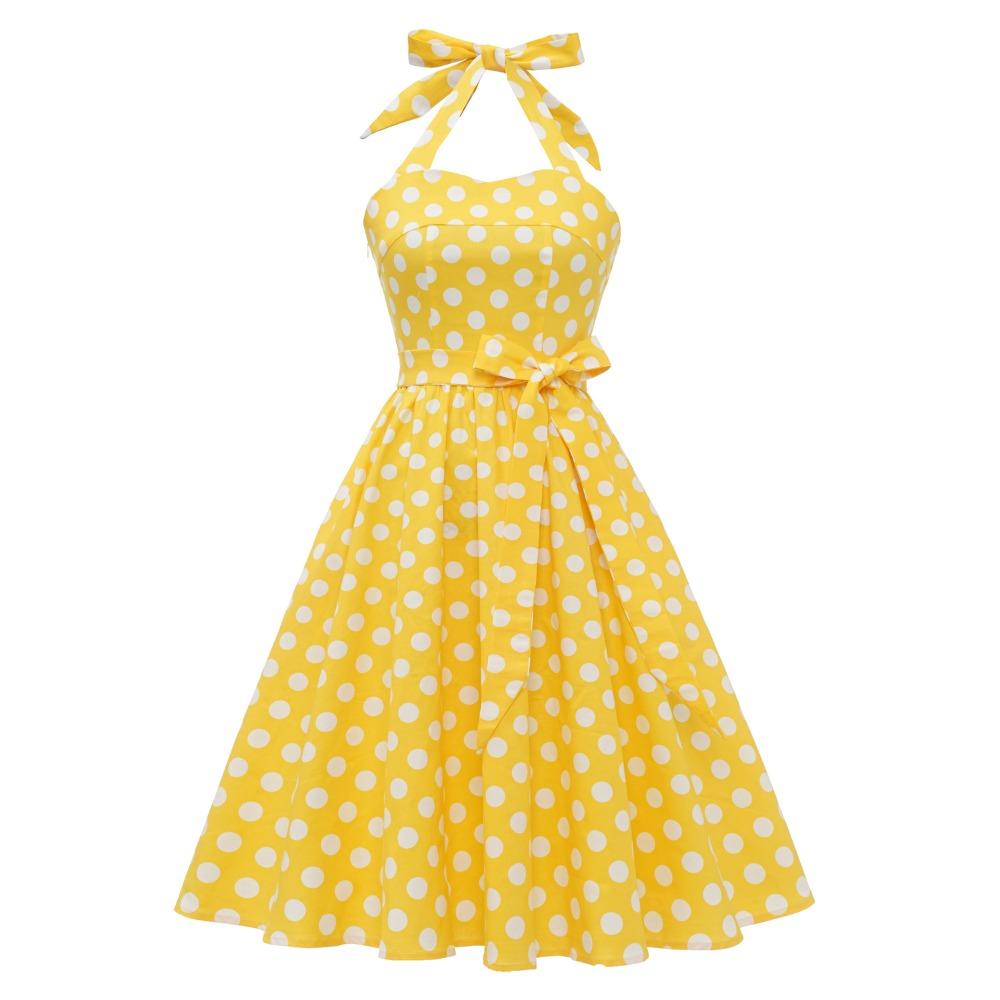 Retro polka-dot lace-up halter-neck flared ball gown performance dress, bohemian style