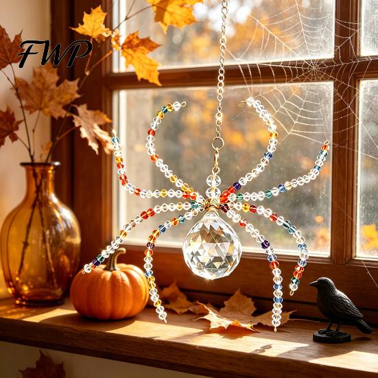 Decorative Hanging Spider Charm Halloween Ornament, Faux Crystal Beaded Pendant for Tree Glass Bead Gift Window And Wall Sparkling Translucent