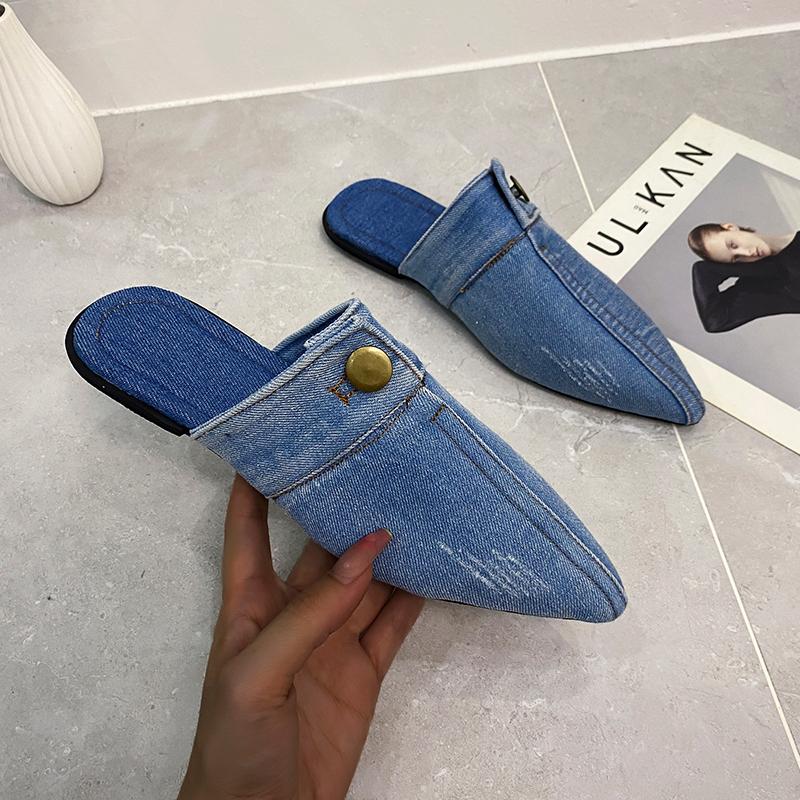 2024 New Womens Slippers Pointed Toe Denim Jeans Flat Slipper Slingbacks Womens Shoes Fashion Sandals Ladies Casual Shoes