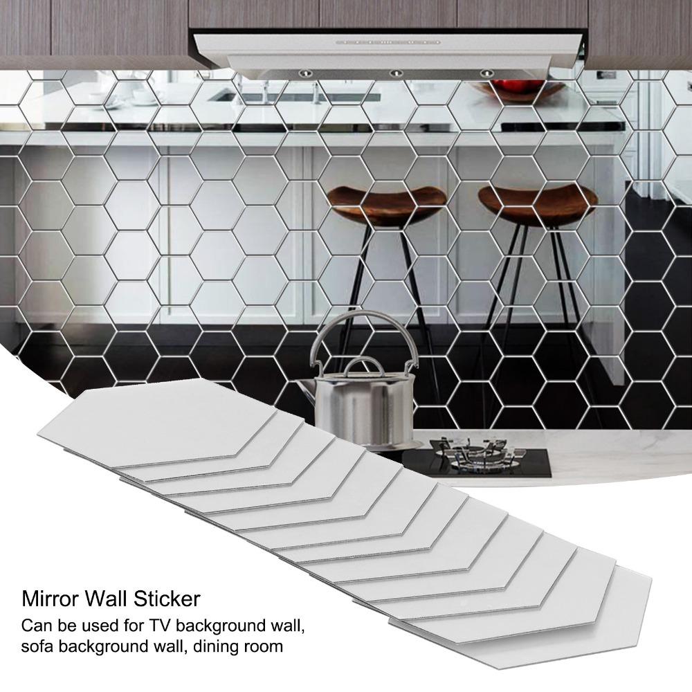 12 Pcs Self Adhesive Hexagon Wall Mirror Sticker Silver Self Adhesive Wall Decal Sofa Backdrop