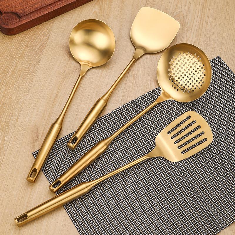 1Pc Golden Stainless Steel Long Handle Cooking Utensils Rice Spoon Soup Ladle Pancake Spatula Colander Gadgets for Kitchen