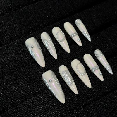 Milky White Hand-painted Press-on Nails, Fully Handmade, Detachable, Silver Accents.