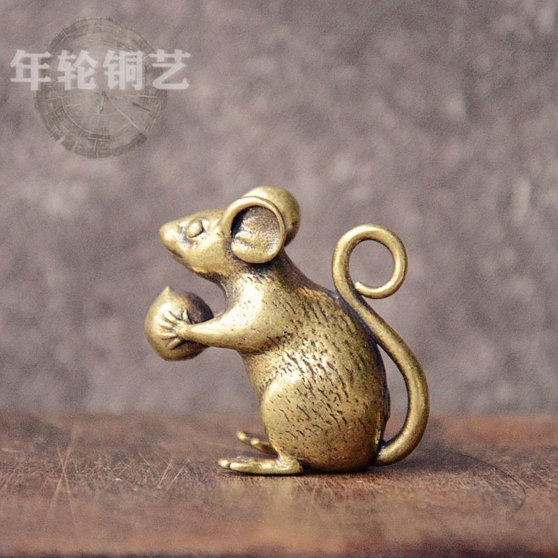 Solid Brass Rat Holding Peach Keychain Animal Zodiac Charm Decorative Key Ring Bag Car Home