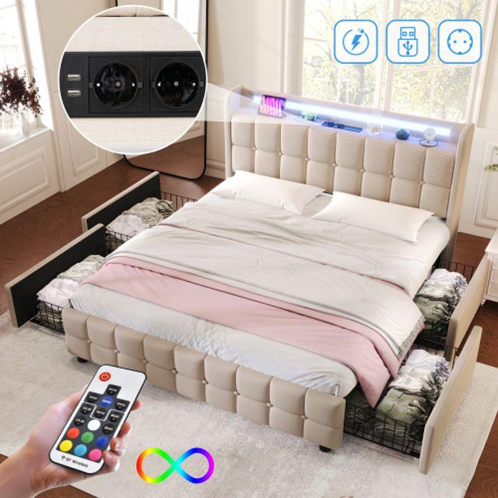 Lit - MUVOE - 140x200 cm - Rembourré avec USB - Éclairage LED - 4 tiroirs de rangement