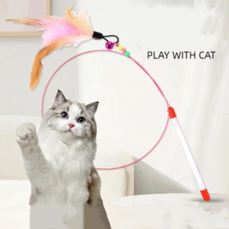 1PC Metal Wire Funny Cat Stick Pet Toy with Feather Bell - Interactive Cat Rod for Feline Entertainment, Top Cat Toys Supplies