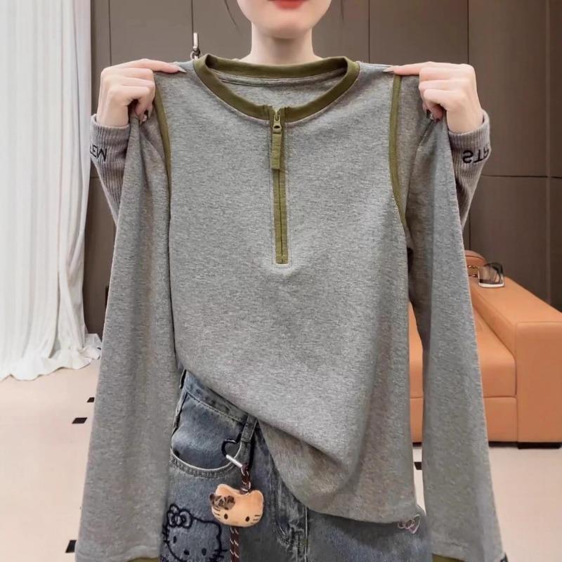 Spring and Autumn Half-zip Long-sleeved Everyday Versatile Cotton T-shirt Women's Autumn Contrasting Color Bottoming Shirt Top