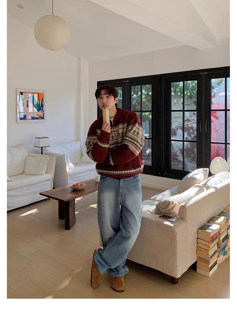 Мужской ретро красный свитер с лацканами, длинным рукавом и молнией до середины груди для осени и зимы