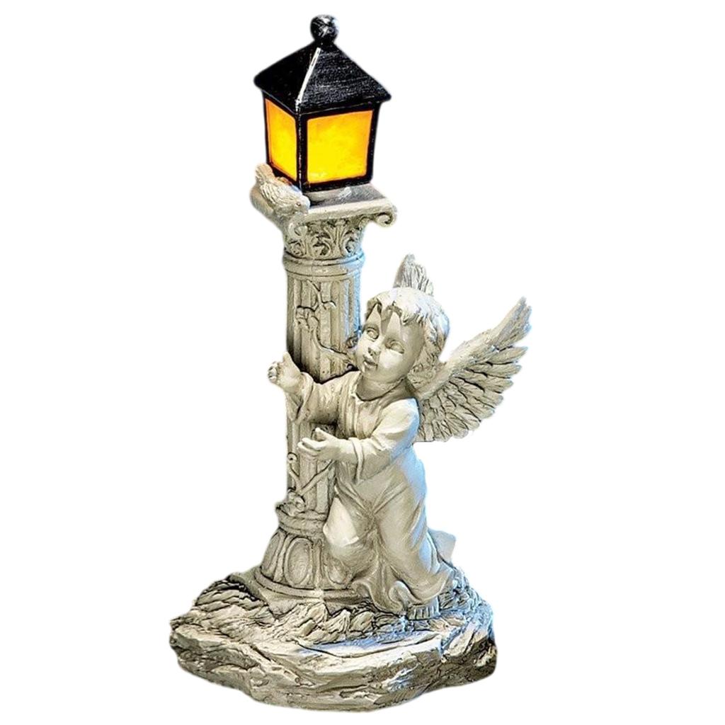 Resin Roman Colum Angel Statue with Solar Lights Ornament Outdoor Garden Waterproof Figurine Solar Glowing Lamp Decors