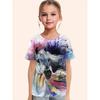Children's Clothing for Girls, Short Sleeved Girls' T-shirt, Casual Retro Horse Print Children's Summer Clothing for Girls, Roun