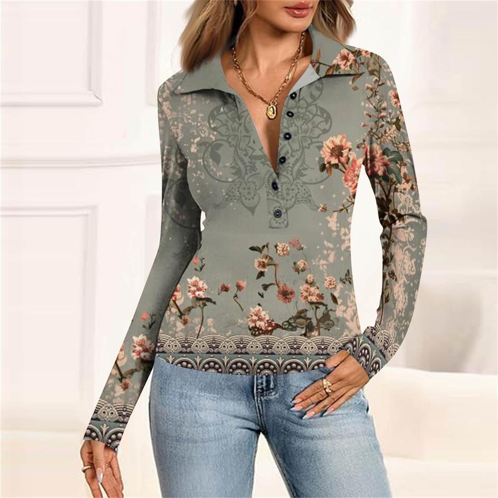 Женская мода Повседневный принт V-образный вырез Длинный рукав Застегивающаяся на пуговицы блузка