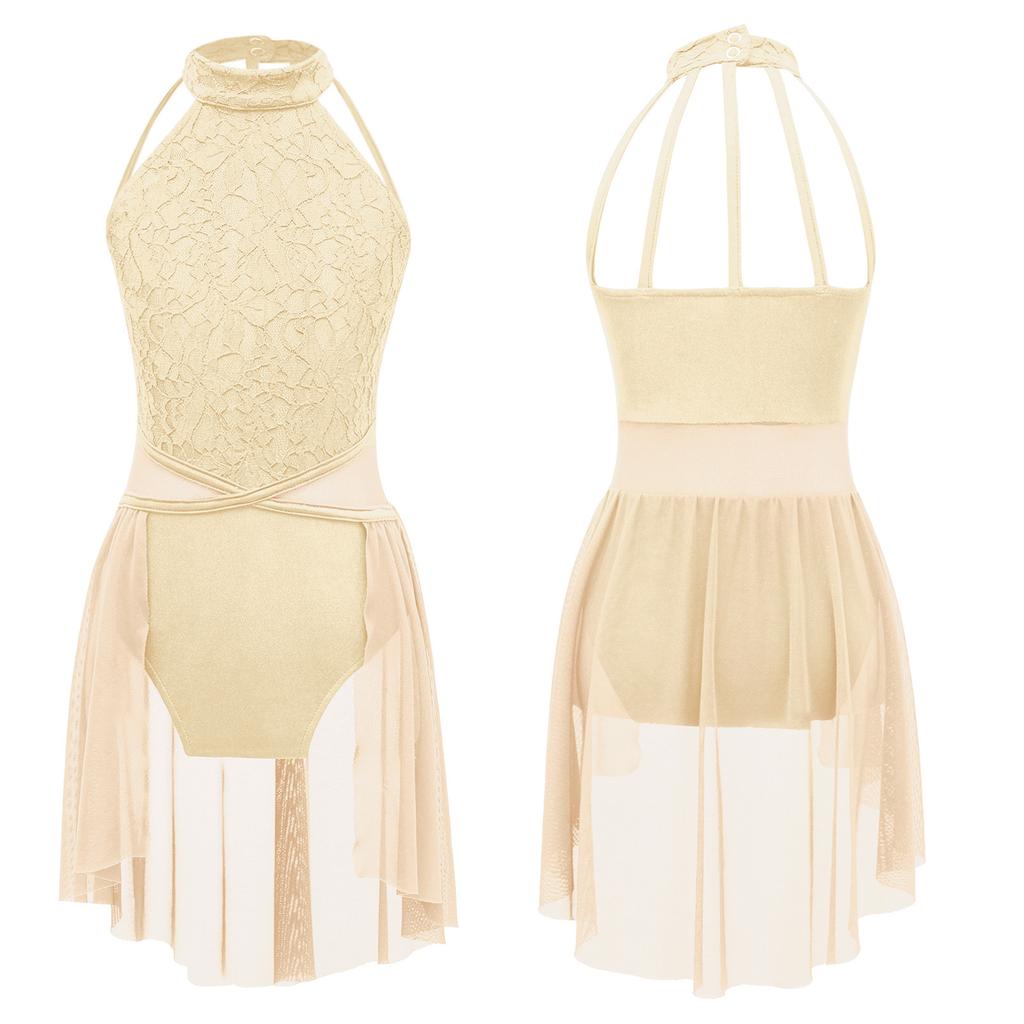 Девочки Кружевной Цветочный Танцевальный Купальник Без Рукавов Круглый Вырез Полая Спина Лоскутный Дизайн Неровный Подол Боди с Открытой Передней Частью