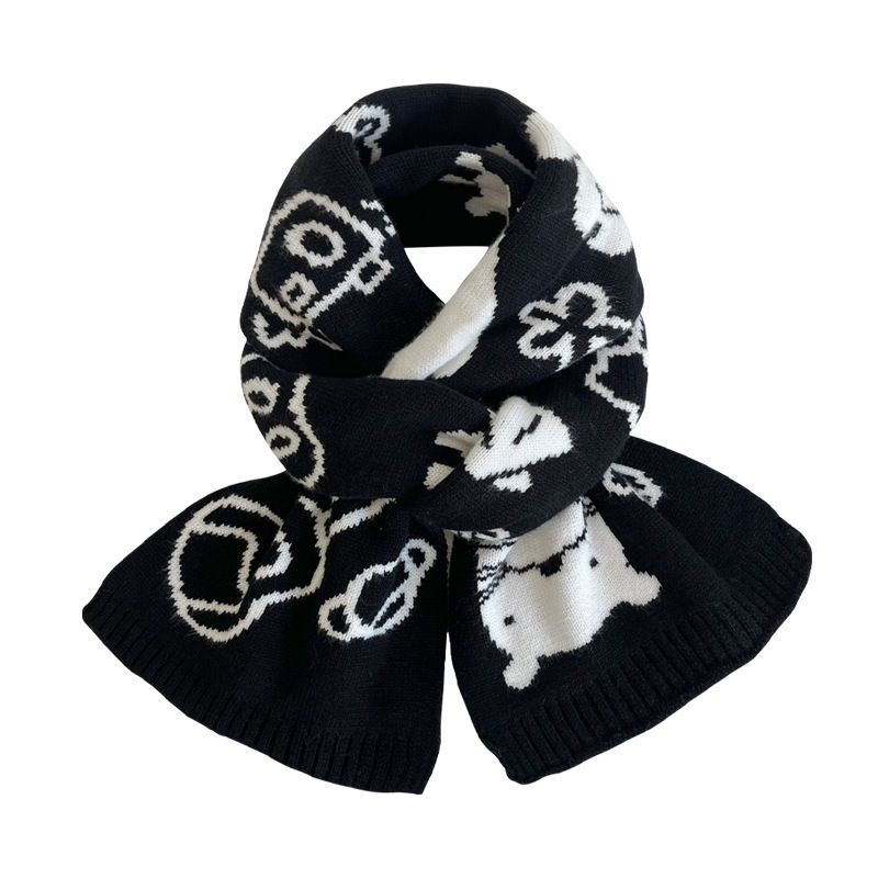 Japanese Double Sided Color Blocked Guitar Bear Knitted Scarf for Women In Winter Soft and Waxy Warm and Versatile Sweet Scarf for Students