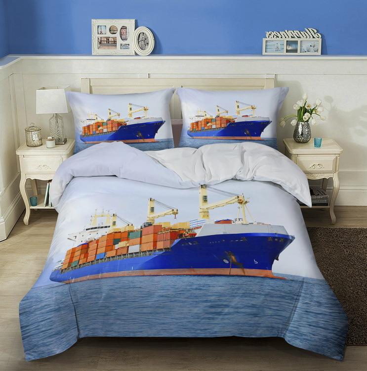 3D Ship Duvet Cover Set King Queen Size Large Freighter Container Print Bedding Set Blue Sea 2/3pcs Polyester Comforter Cover