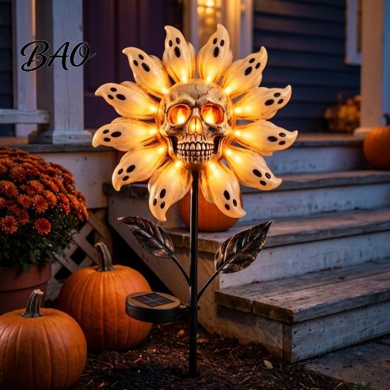 Unique Holiday Path Lighting for Patio Solar Powered Skull Sunflower Light, Waterproof Garden Stake Automatic Charging Scary Decor Halloween Yard Lawn