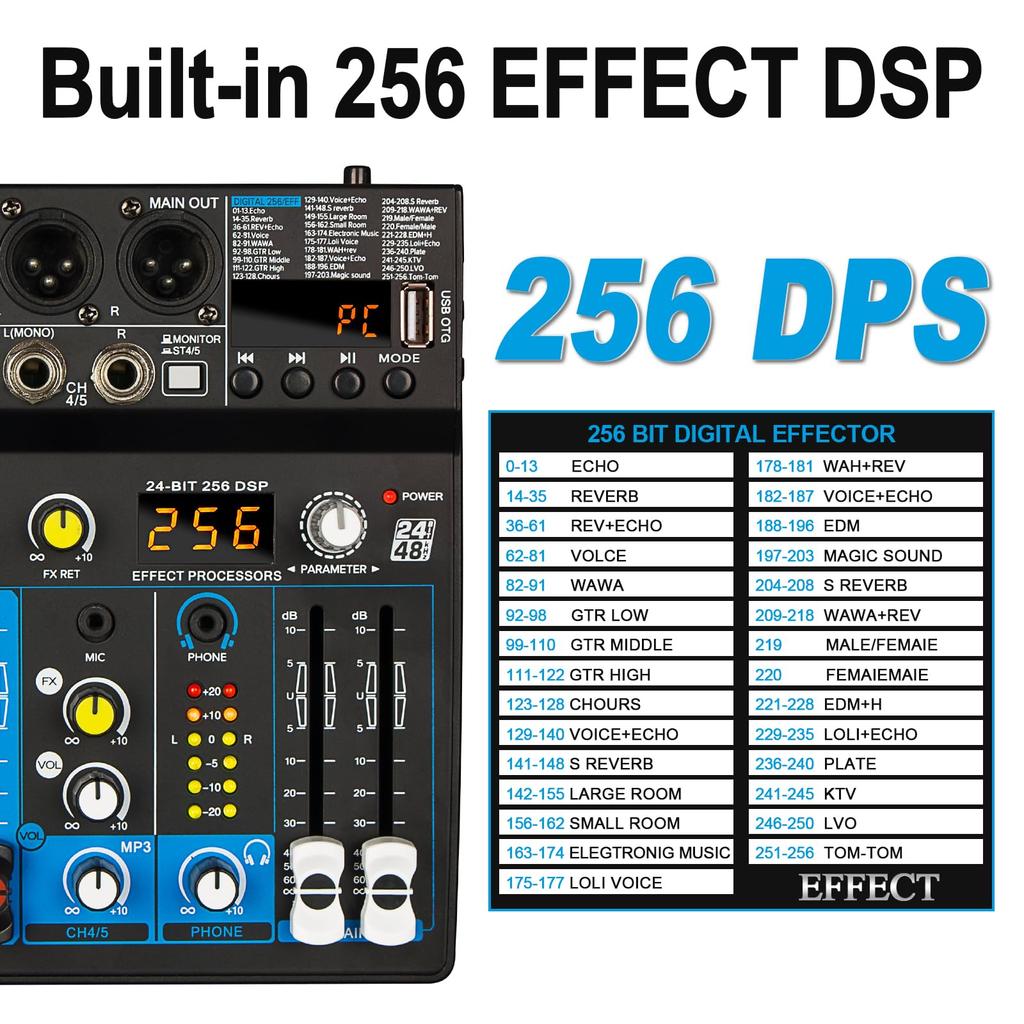 Depusheng Portable Mini Mixer 6 Channel Audio Mixer DJ Console with Bluetooth 48V Phantom USB 256 DSP for PC Recording Webcast Party BF6+ Function,