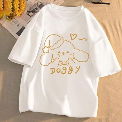 Белая футболка с собакой Женская Повседневная Летняя Абрикосового Цвета Новая Футболка Женская Летняя