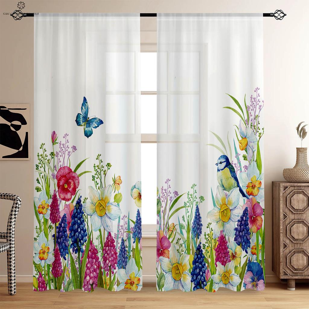 Floral Butterfly Symmetrical Printed Curtains, Decorative Curtains, Suitable for Bedroom, Living Room, Kitchen, Study Room,