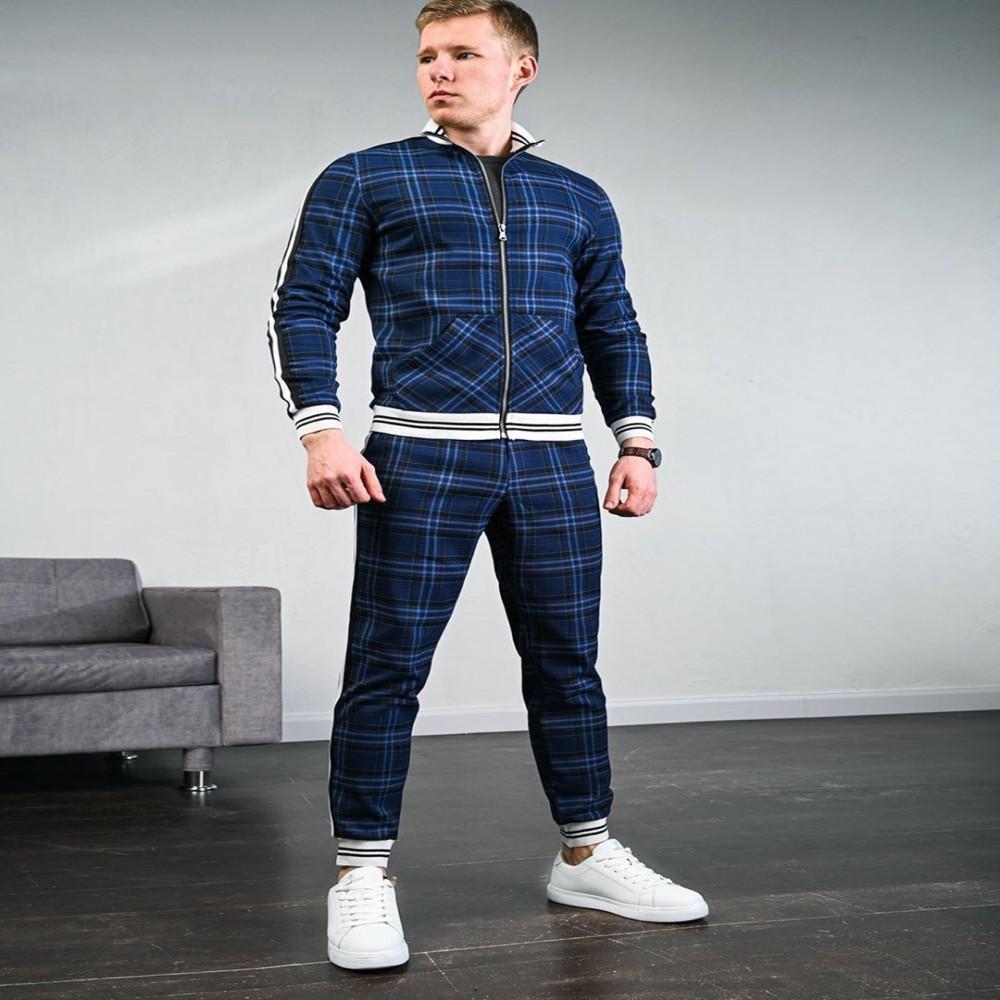 Men' 3D Plaid Sports Suit Gentlemen Sets Jacket Man Set Tracksuit Fitness Fashion Zipper 2 Pieces Men's Sets Sportswear Suit Men