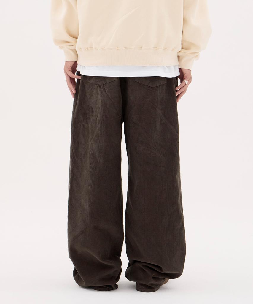 URBANAGE Corduroy Single-Pleat Wide Elastic Pants_Khaki