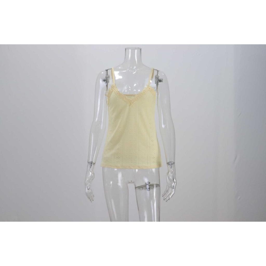 Летняя новая женская майка-топ на бретелях с V-образным вырезом и кружевом