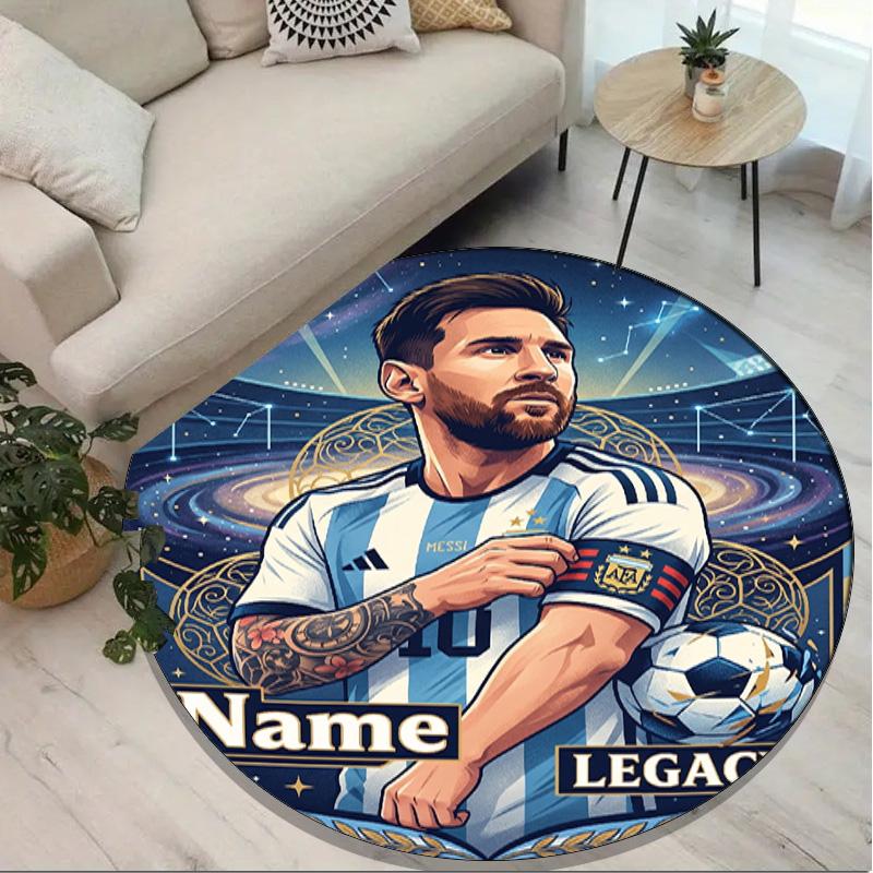 Custom Name Personalized Leo Messi Print Round Rug, Versatile Home Decor Carpet, for Playroom, Apartment, Balcony, Entryway, Hallway Gift