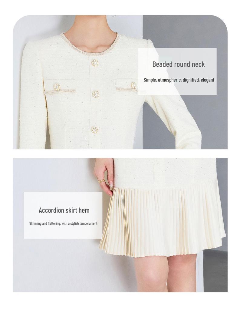 Beige French Style Pleated Long Sleeve Dress for Women - 2025 Elegant Slimming Design