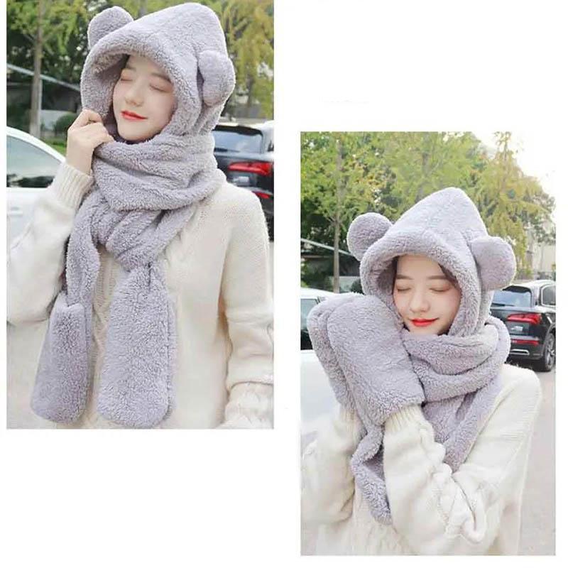 Шапка с медведем, корейская осенне-зимняя женская шапка, уличный велосипедный шарф с капюшоном, перчатки, один шарф, чтобы согреться