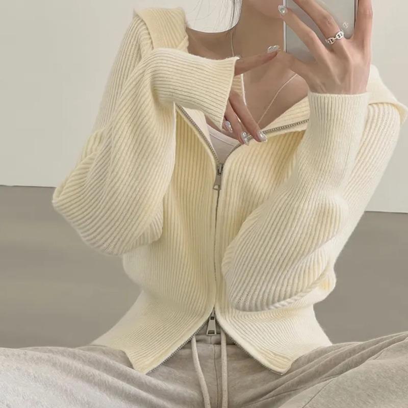 Осенне-зимний вязаный кардиган с капюшоном, свитер для женщин, повседневный свободный свитер с застежкой-молнией и длинным рукавом, модные однотонные кардиганы, куртки 25319