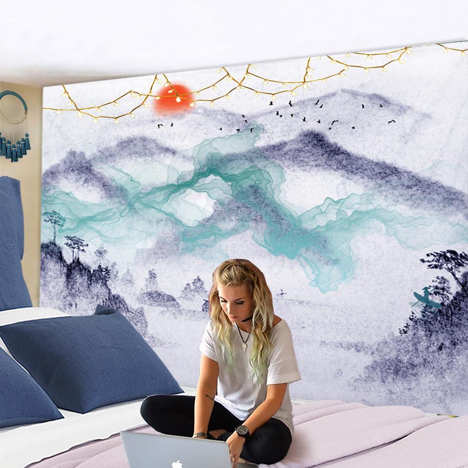 Японский китайский солнечный пейзаж, картина, гобелен, фарфоровые чернила, горное дерево, садовая кисть, настенные ковры, гобелен с красным солнцем, домашний декор