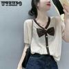 Летняя женская трикотажная футболка с бантом, коротким рукавом, V-образным вырезом, ажурным тонким шелковым топом